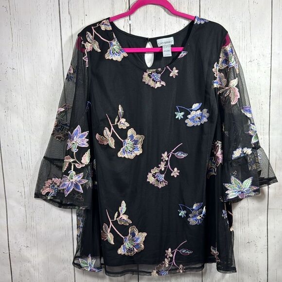 Catherines Black Floral Embroidered Mesh Blouse Womens 4X Elegant Boho Romantic - Picture 5 of 16